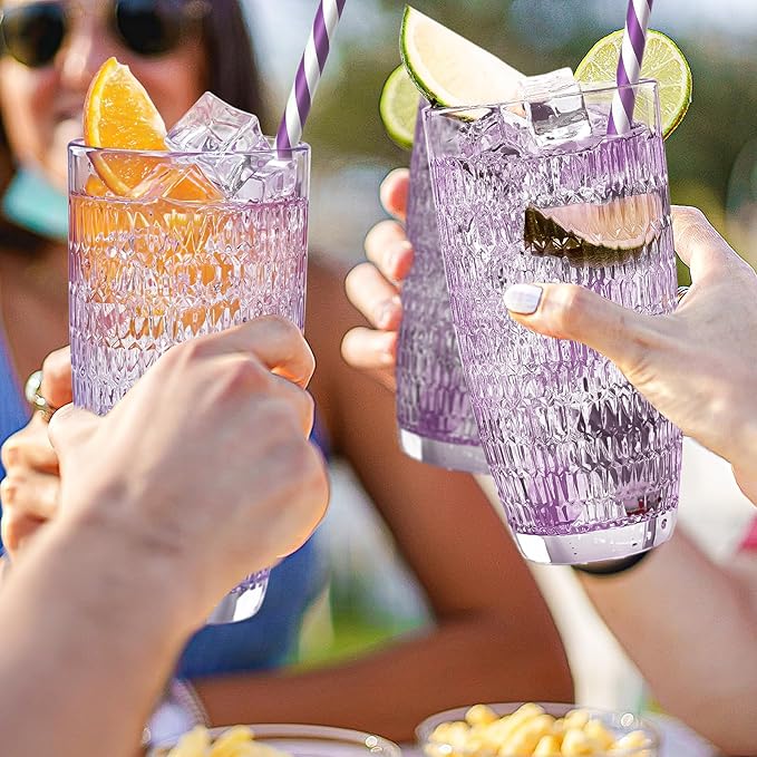 CREATIVELAND Highball Beverage Glasses Set of 6 Romantic Colored Thick & Heavy Base Big Capacity 14.87oz|440ml, Drinking Glass Tumblers for Iced Tea, Water, Soda & Juice and Cocktails (Purple)