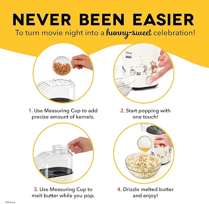 Disney Dash Fresh Pop Popcorn Maker - Oil-Free, Air Popcorn Popper - With Measuring Cup & Recipe Guide - Perfect for Movie Nights - 16 Cups, Winnie the Pooh