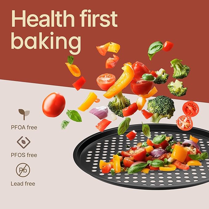 Bakken- Swiss Non-Stick Pizza Pan with Holes - 13-Inch Perforated Pizza Crisper Carbon Steel Pizza Pan - 2 Round Pizza Trays - PFOA PFOS and PTFE Free