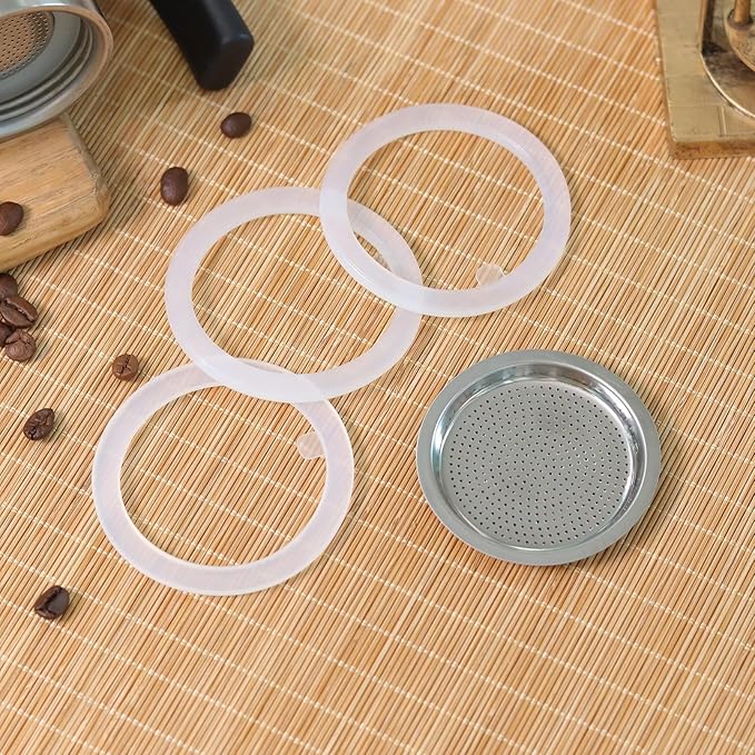 Sivaphe 6 Cups Stovetop Espresso Coffee Maker Replacement Infuser Parts Only for Stainless Steel Italian Moka Pot, 1 Filter and 3 Silicone Gasket Seals