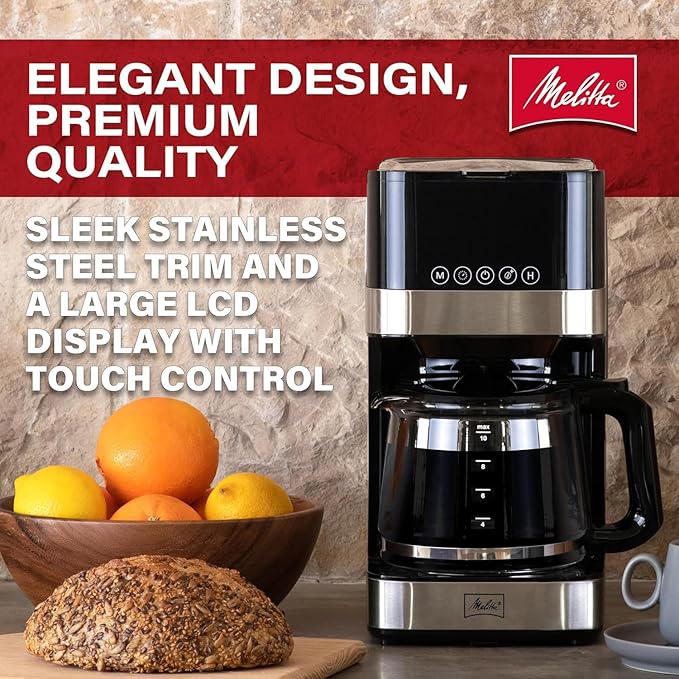 Melitta Aroma Tocco Glass 10-Cup Drip Coffee Maker, Automatic and Programmable, 96oz Capacity with 5-Pack Coffee Filters | Black