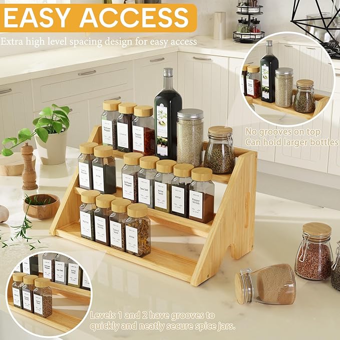 Bamboo Spice Rack Organizer -3-Tier Spice Rack for Countertop,Cabinet Spice Rack Organizer for 24 Spice Jars(4oz)，Step Shelf (yellow)
