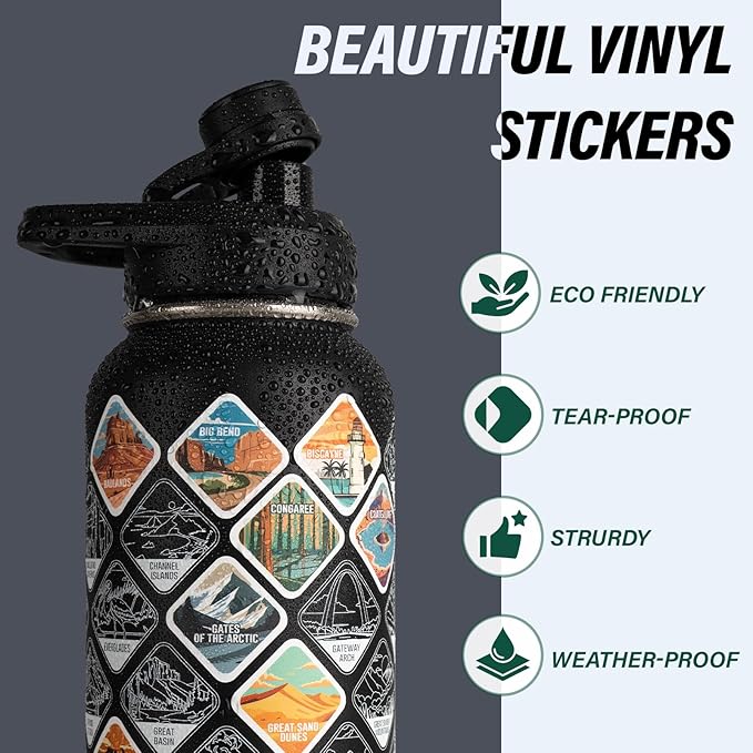 DYSANKY National Parks Water Bottle – 32 oz Insulated Stainless Steel Bottle with 63 Hand-Drawn Park Stickers, Carrier Bag, Strap & Gift Box – BPA-Free – Ideal for Hiking, Camping & Travel