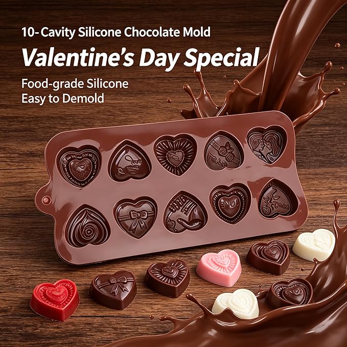 2 Pack 10-Design Love Rose Heart Silicone Molds Non-Stick Food Grade Easy Release for Chocolate Candy Gummy Ice Cubes Soap Perfect for Valentine's Day DIY Gifting