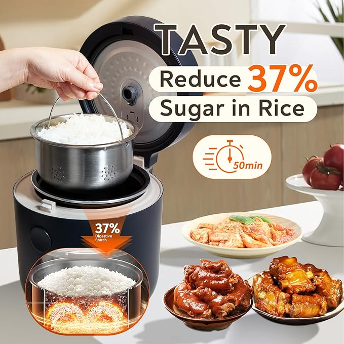 Mokero Low Carb Sugar Rice Cooker 2 Cups Uncooked and 4 Cups of Regular Cooking Small Carb Reducing Maker Rice and Grain Multi-Cooker with Stainless Steel and Nonstick Inner Pot