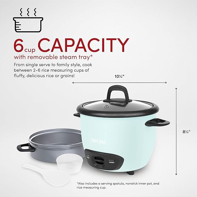 AROMA® 6-Cup (Cooked) / 1.5Qt. Rice & Grain Cooker (ARC-743-1NGBL), Light Blue