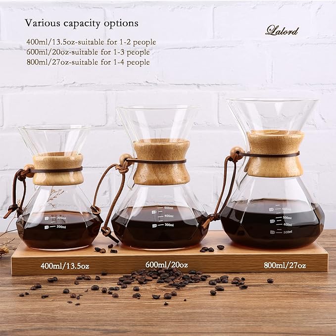 Lalord Pour Over Coffee Maker with Stainless Steel Filter, 20 oz Borosilicate Glass Coffee Carafe, Wooden Collar, Coffee Maker Carafe, Hold 3-4 Cups, 600 ml, Clear
