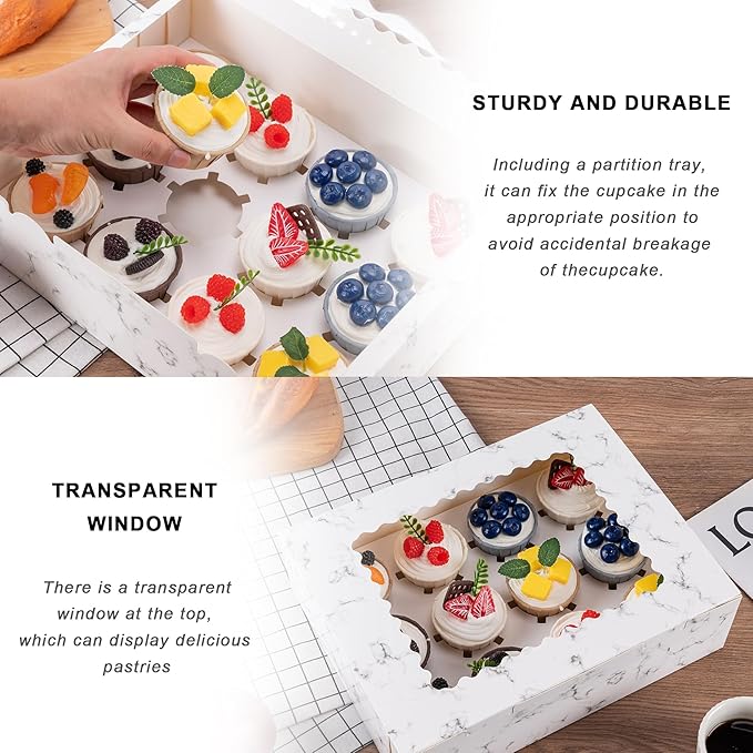 Hoewina 6PCS Cupcake Boxes - Hold 12 Count Cupcake Containers with Window, Food Grade Cupcake Holder Easy Transport and Presentation - Ideal for Cupcakes, Desserts, and More (Marble pattern)