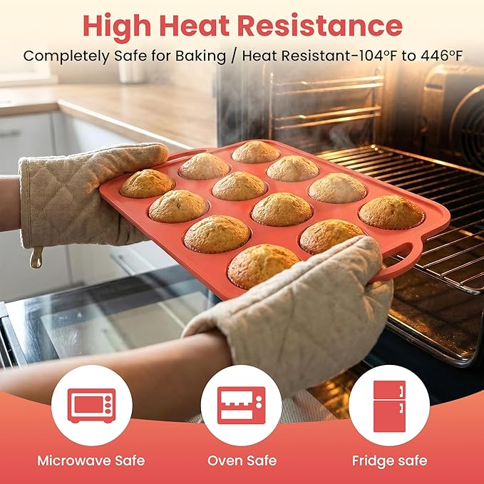2Pack Silicone Muffin Pan for Baking with Metal Reinforced Frame, 12 Cup Regular Size Cupcake Pan, BPA Free Silicone Muffin Tray, Cupcake Baking Pan Molds for Oven Dishwasher Safe - Orange