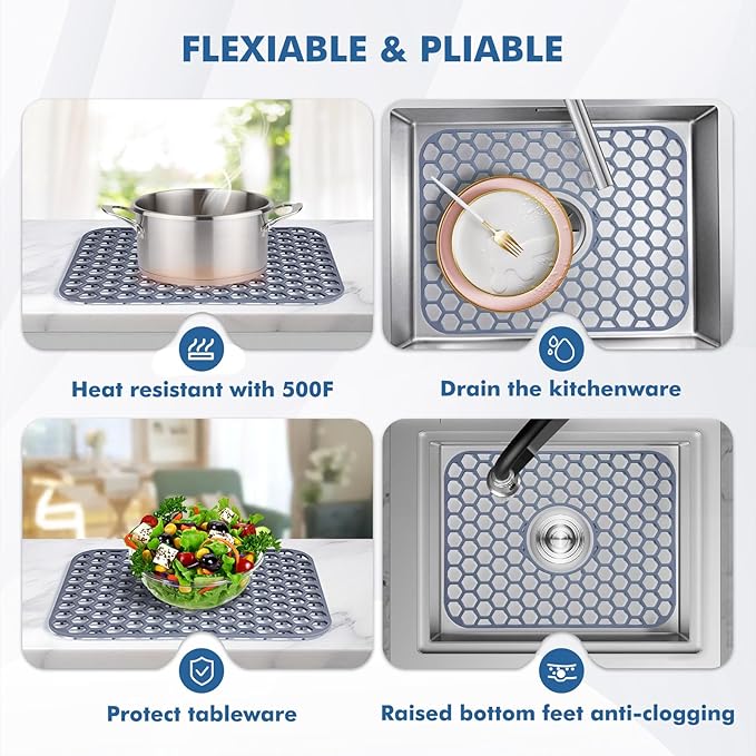 Bestjing Silicone Sink Protectors for Kitchen Sink with Center Drain - 16.2"x12.5" Kitchen Accessory, Non-Slip Heat Resistant Sink Mat for Bottom of Farmhouse Porcelain Stainless Steel Sink
