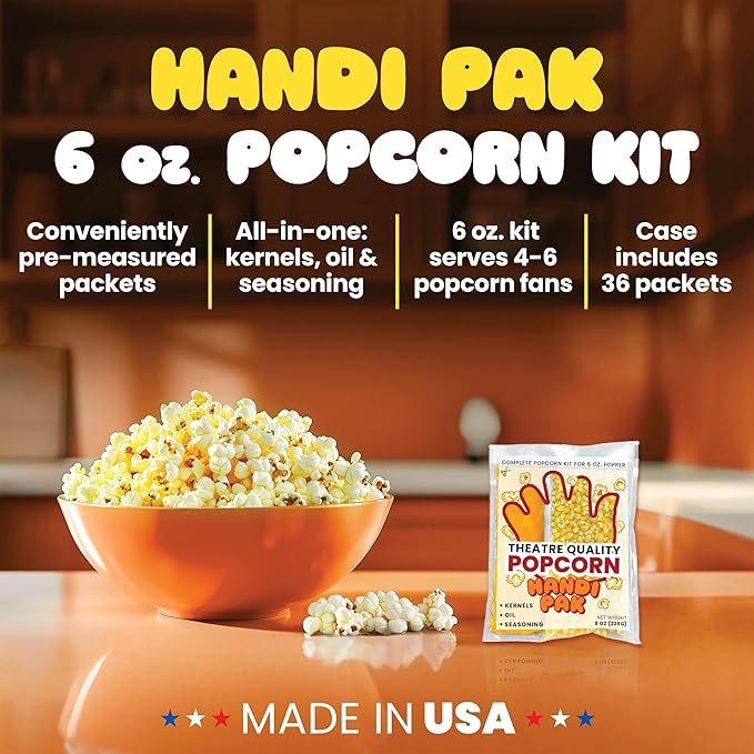 Handi-Pak Gourmet Popcorn Kit, 36 Pre-Portioned Packs for 6 oz Poppers, Movie Theater Style, Butter Coconut Oil, Popcorn Packet with Kernels & Seasoning
