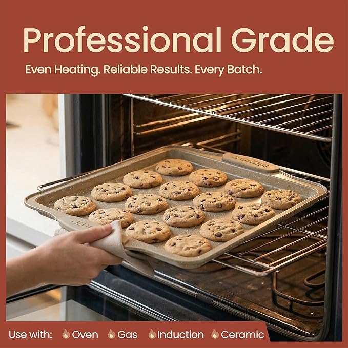 BAKKENMASTER 6-Piece Deluxe Nonstick Baking Pan Set - Professional Grade Carbon Steel Bakeware with White Marble Coating & Silicone Handles