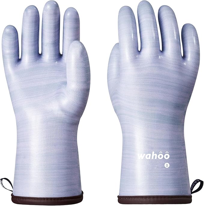 wahoo Professional Liquid Silicone Oven Mitts Gloves, Heat Resistant Gloves for Cooking, Baking, CoralAir Liner, 12 Inch, Purple, Medium