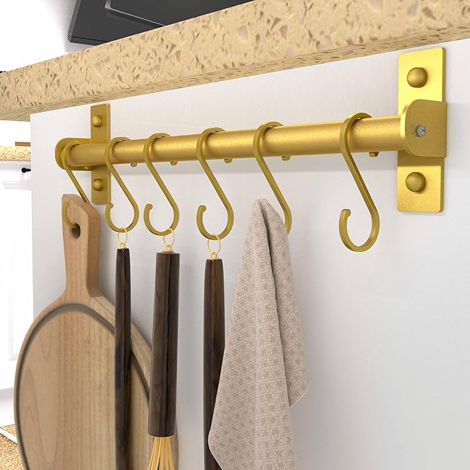 Dseap Kitchen Utensil Holder Hanger, Pot and Pan Rack Wall Mounted, Kitchen Rail with 8 Hooks for Hanging Cooking Utensils, Mugs, Spoons, Wall Mounted, Gold, Pack of 2