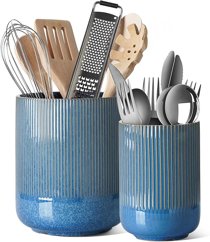 LE TAUCI Utensil Holder for Kitchen Counter, 7.3"+5.4" Fluted Ceramic Utensil Crock Organizer for Countertop, Heavy Large Holder for Spatulas, Spoons, Set of 2, Blue Marble