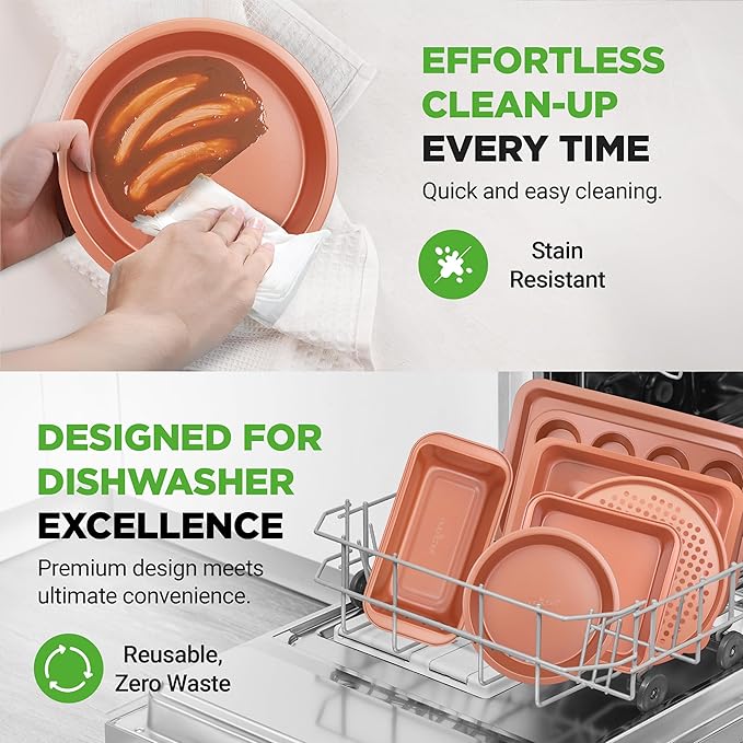 NutriChef 10-Piece Oven Baking Pans Set - Deluxe Carbon Steel Bakeware Set with Non-stick Gray Coating Inside and Out, Dishwasher Safe & PFOA, PFOS, PTFE Free