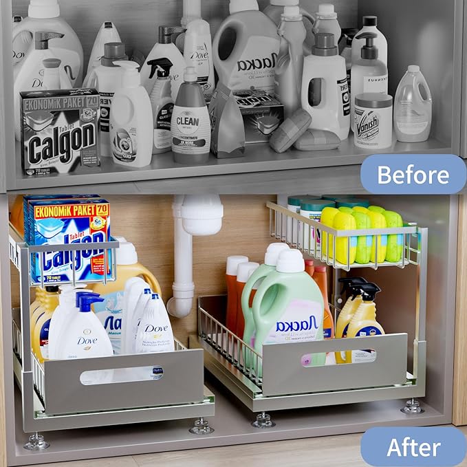 Saydear Under Sink Organizer Storage 2-Tier Premium Metal Pull-Out Kitchen Cabinet Organizer with Sliding Drawer, Height Adjustable, Heavy Duty for Kitchen & Bathroom Organizers 2 Pack Grey