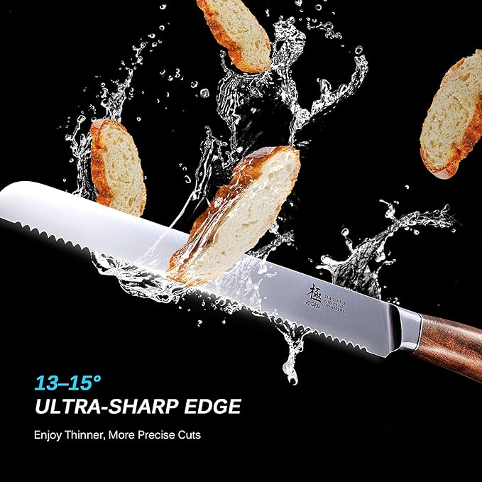 KYOKU 10 Inch Bread Knife - Daimyo Series - Serrated Knife with Ergonomic Rosewood Handle, and Mosaic Pin - Japanese Style 440C Stainless Steel Bread Cutter with Sheath and Case