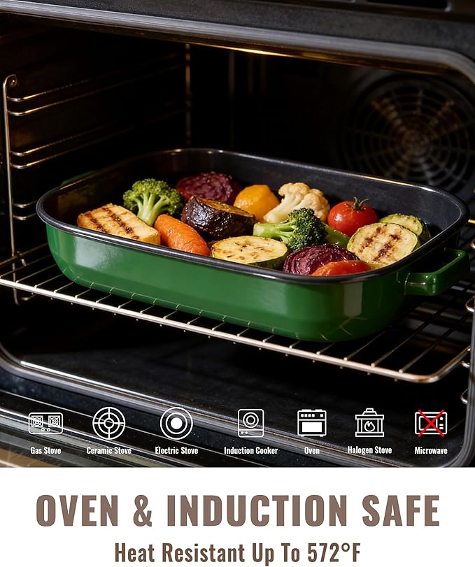 Roasting Pan with Rack & Handles 6-Piece Large 14&17 Inch Roaster Dishes, 572°F High Temperature Resistance Oven Dishwasher Safe Non-Stick Deep Lasagna Baking Pan Mother Day Gift Enamel Bakeware