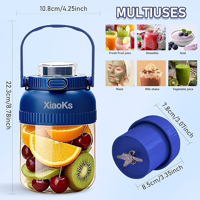 Portable Blender Personal Blenders for Shakes and Smoothies with 43oz Travel Cup, Rechargeable USB with BPA Free Cup and Lid,Small Blenders Cup for Kitchen Office Travel Gym (BLUE)