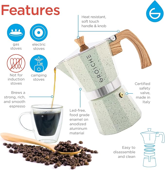 GROSCHE Milano Moka pot, Stovetop Espresso maker, Greca Coffee Maker, Stovetop coffee maker and espresso maker percolator (Mint, 9 cup)