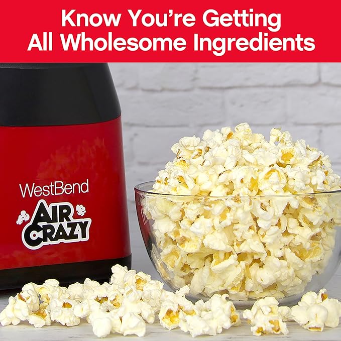 West Bend Air Crazy Hot Air Popcorn Popper Machine for Healthy Snacking with No Oil, Includes Dual-Purpose Measuring Cup & Butter Melter, 4-Quart, Red