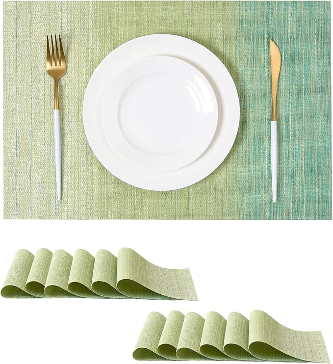 Leetaltree Gradient Green Woven Placemats Set of 12 - Heat Resistant Non-Slip Place mats for Dining Table, Washable Durable PVC Vinyl Woven Table Mats(Gradient Green, 12)