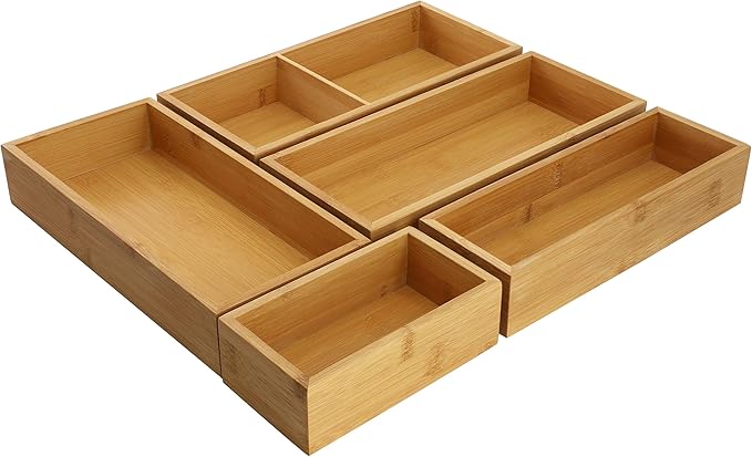 Elama 5 Piece Bamboo Wood Drawer Organizer Tray, Utensil Storage, Desk Drawer Storage (5 Piece Trays)