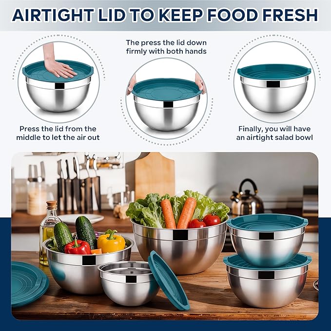E-far Mixing Bowls With Lids Sets of 5, 10-Piece Stainless Steel Salad Metal Nesting Bowl for Baking Cooking and Prepping, Airtight Lid & Stackable Design, Size 4.6, 3, 2.1, 1.5, 0.7 QT, Blue