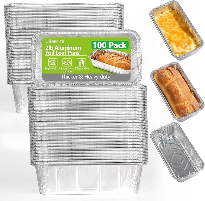 UBeesize 2Lb Thicker & Heavy Duty Disposable Aluminum Loaf Pans, 100 Pack Ultra Sturdy 8.5 x 4.5 Foil Bread Pans for Baking Banana Bread, Cakes, Meatloaf & Food Storage