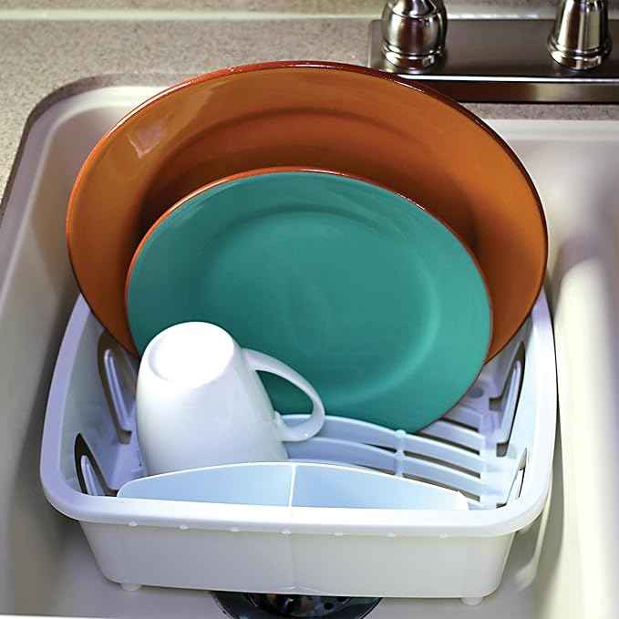 Camco RV Mini Dish Drainer & Tray - Features a Sloped Drain Tray Design, Heavy-Duty Construction - Ideal for Small Spaces, Apartments, Boats, and More -9.5" L x 11.7" W x 4.75" H - White (43511)