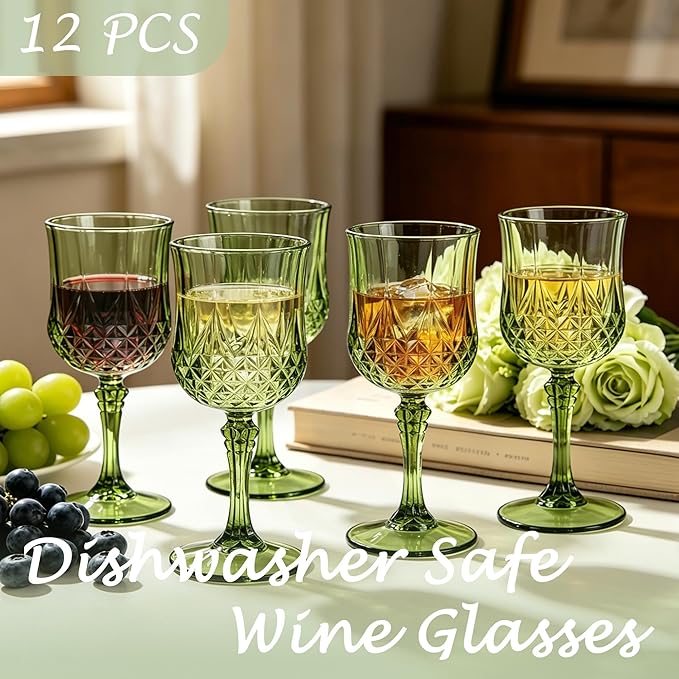 Plastic Wine Glasses, Plastic Goblets Vintage Style Cordial Unbreakable Drinking Glasses, Reusable Drinkware for Wedding Reception, Grand Event Party Supplies (12, New Green)