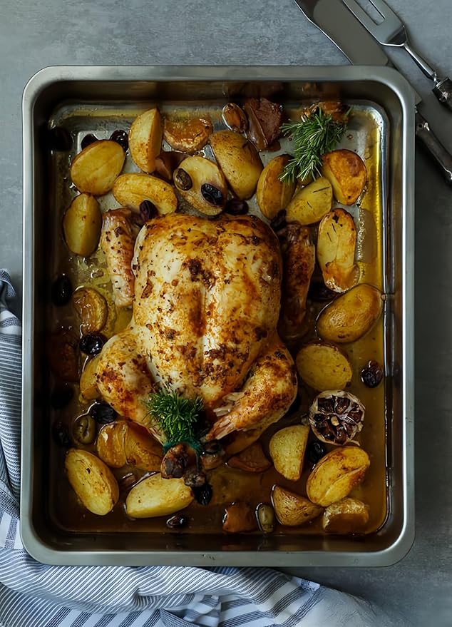 Stainless Steel Sturdy Roasting Pan with Cooling Rack – Oven, Toaster & Grill Safe, Deep Edge, Smooth Finish, Dishwasher Safe – Perfect for Turkey, Chicken, BBQ (23.4x15.6x2.8in)