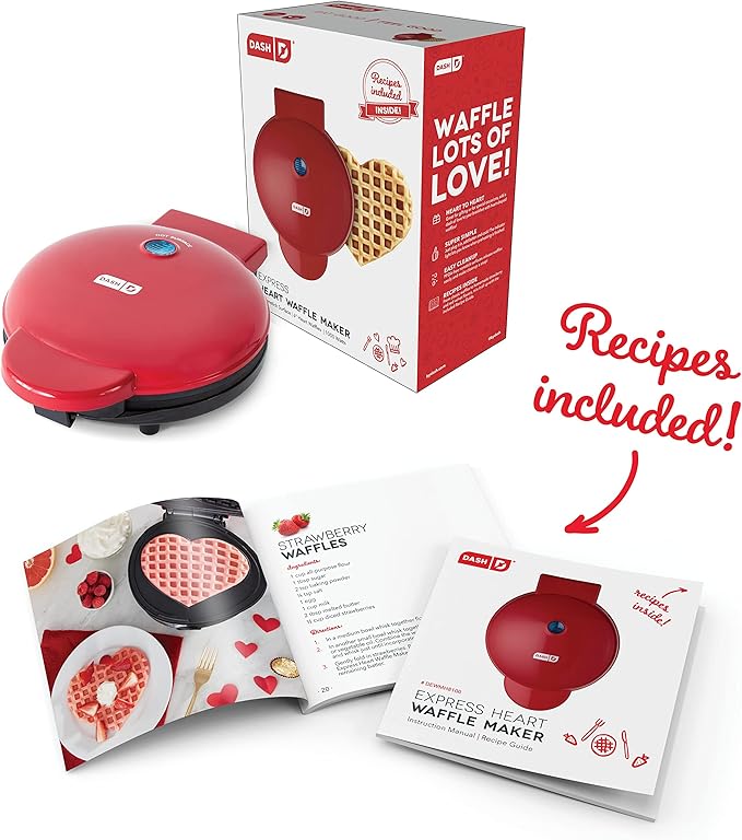 Dash Express Waffle Maker -Electric Waffle Maker for Creative Homemade Treats - Dual Nonstick Cooking Surfaces, Easy Food Release & Quick Cleanup - Compact, Space-Saving Design - 8 Inches - Red Heart