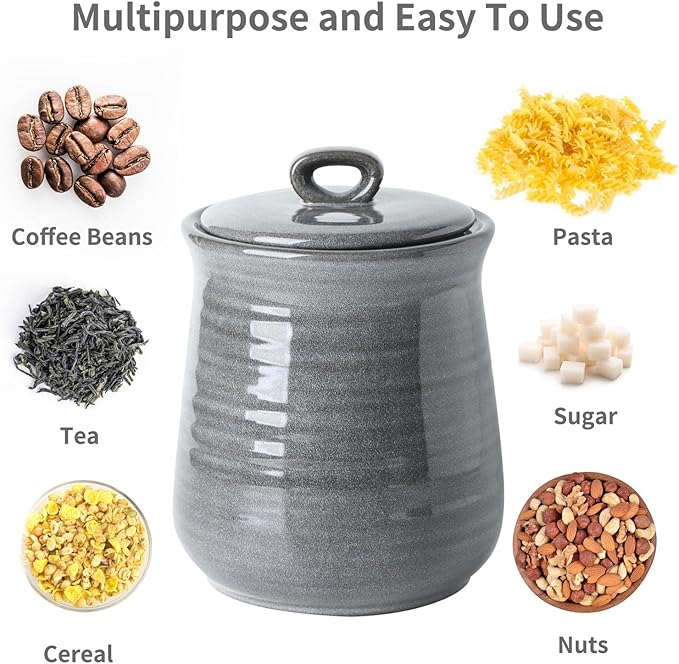HASENSE Large Ceramic Coffee Canister with Airtight Lid, 80 FL OZ Grey Porcelain Food Storage Container, Farmhouse Kitchen Countertop Jar for Coffee Beans, Flour, Sugar, Cereal & Cookies