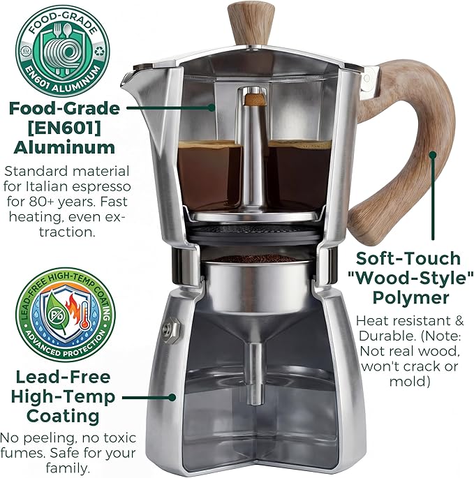 AGOGO Milano Moka Pot Stovetop Espresso Maker with 100 Paper Filters for Sediment-Free Coffee, Classic Italian Greca with Wood-Grain Handle,Cleaning Brush & Towel 6 Cup (10oz / 300ml) Silver