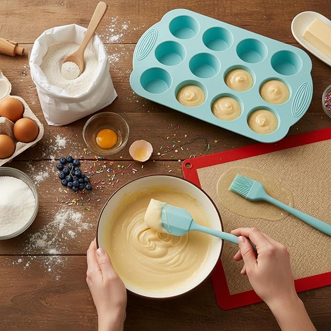 25 PCS Silicone Baking Pans Set, Nonstick Bakeware Sets with Round/Square Cake Pans, Muffin Pan, Baking Cups and Spoons for Bread, Cupcakes and Desserts