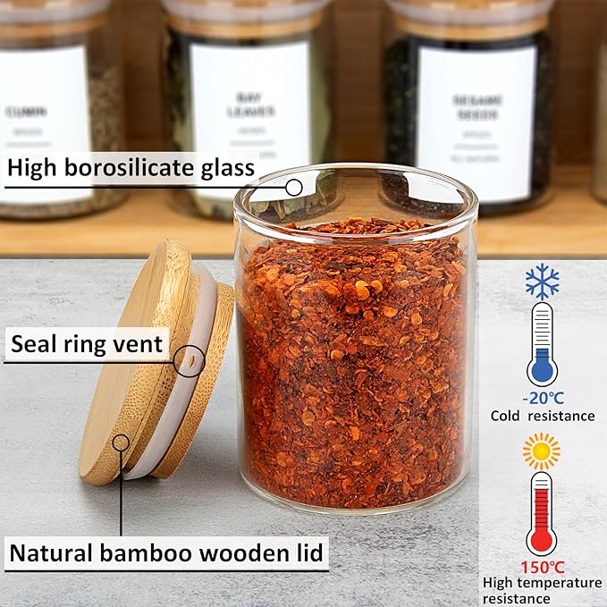 EgticHome 4OZ Glass Spice Jars with Bamboo Lids and 315 Labels, 20 Pcs Clear Food Storage Containers for Kitchen Sugar Salt Coffee Tea Beans