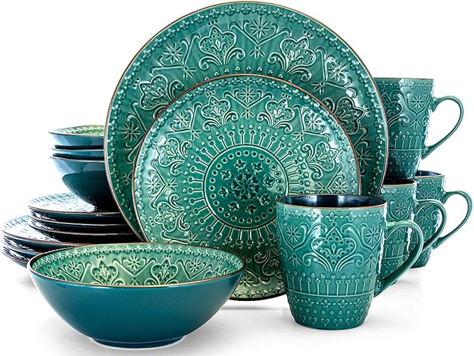 Elama Sea Foam Mozaic 16 Piece Round Stoneware Dinnerware Set in Sea Green