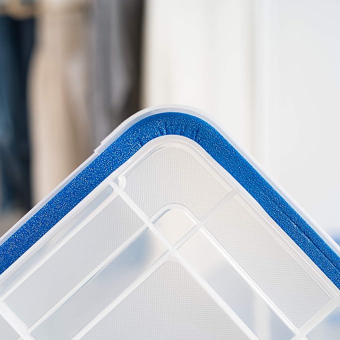 IRIS USA 26.5 Quart WEATHERPRO Plastic Storage Box with Durable Lid and Seal and Secure Latching Buckles, 3 Pack, Weathertight, Keep Pest Dust and Moisture Out, for Oversized Bulky Items, Clear/Blue