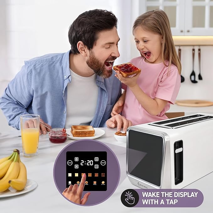 Touch Screen Toaster - 4 Slice, 2 Extra Long Slots - 5 Bread Types and 6 Browning Levels - Defrost, Reheat, Favorite, & Single Slot Modes - For Toast, Bagels, & Waffles – White