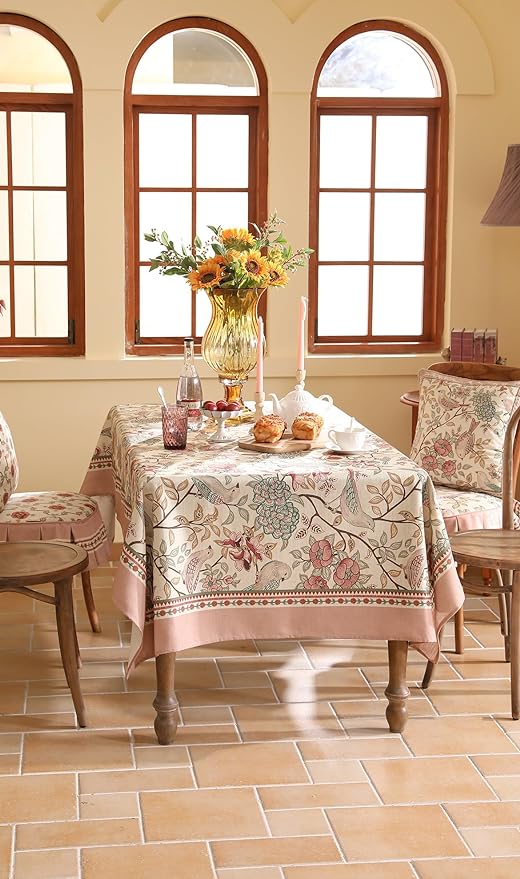 patdrea Designer Pink Linen Table Cloth for Rectangle Table,Vintage Floral with Birds Pattern Decorative Tablcloth,French Table Cover for Kitchen Dining,Thanksgiving,Christmas,55"x79"-Kulom a