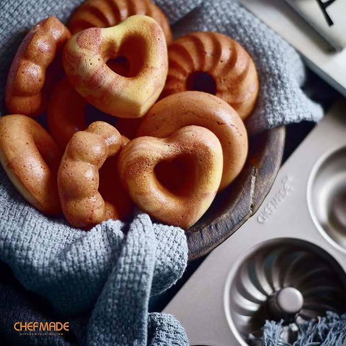 CHEFMADE Donut Mold Cake Pan, 12-Cavity Non-Stick Pattern Doughnut Bakeware for Oven Baking (Champagne Gold)