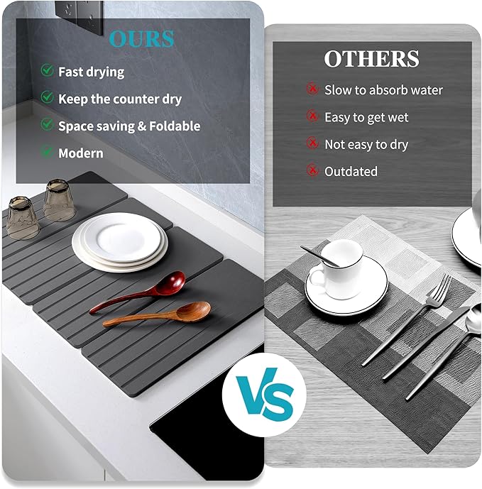 Extral Large Quick Dry Stone Drying Mat for Kitchen Counter,28x16 Inch Collapsible Eco-Friendly Absorbent Diatomaceous Earth Mat for Dishes Cups (Deep Gray-Upgraded Version, 16x12 inch)