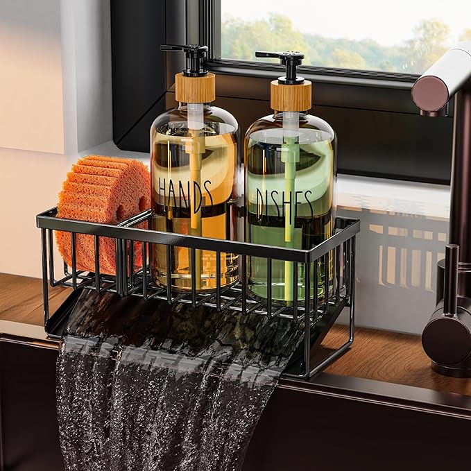 Cisily Kitchen Dish Soap Dispenser Set with Black Sponge Holder and 2 Pack 16.9oz Clear Glass, Dish Soap Dispensers for Kitchen Sink, Vintage Hand and Dish Soap Dispensers Set