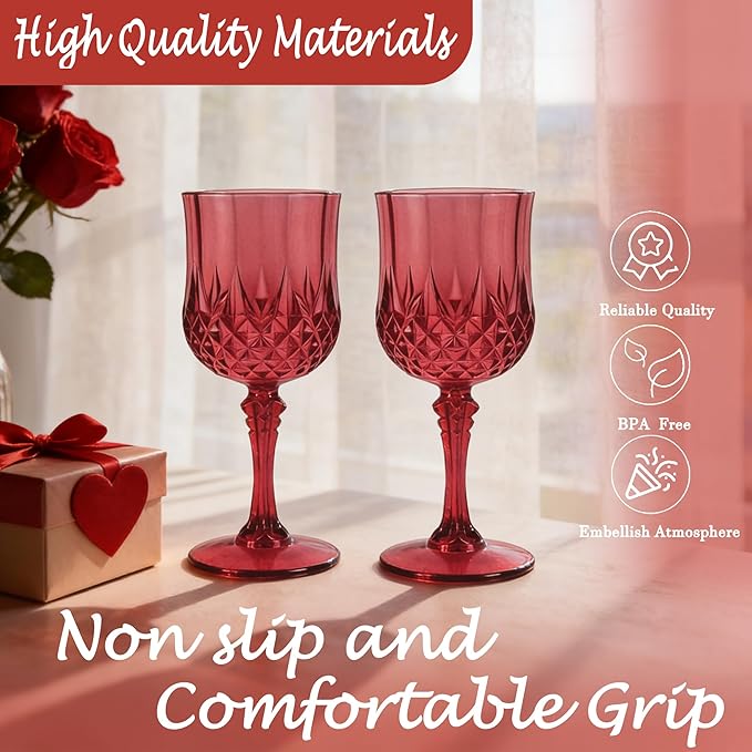 Plastic Wine Glasses, Plastic Goblets Vintage Style Cordial Unbreakable Drinking Glasses, Reusable Drinkware for Wedding Reception, Grand Event Party Supplies, Mother's Day (12, Burgundy)