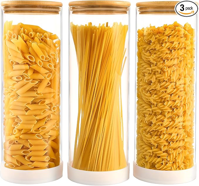 TBWIND 73oz Glass Spaghetti Pasta Containers for Pantry Organization, 3-Pack Large Airtight Food Jars with Bamboo Lids and Protective Silicone Base, Clear Storage Canisters for Flour, Cereal, Rice