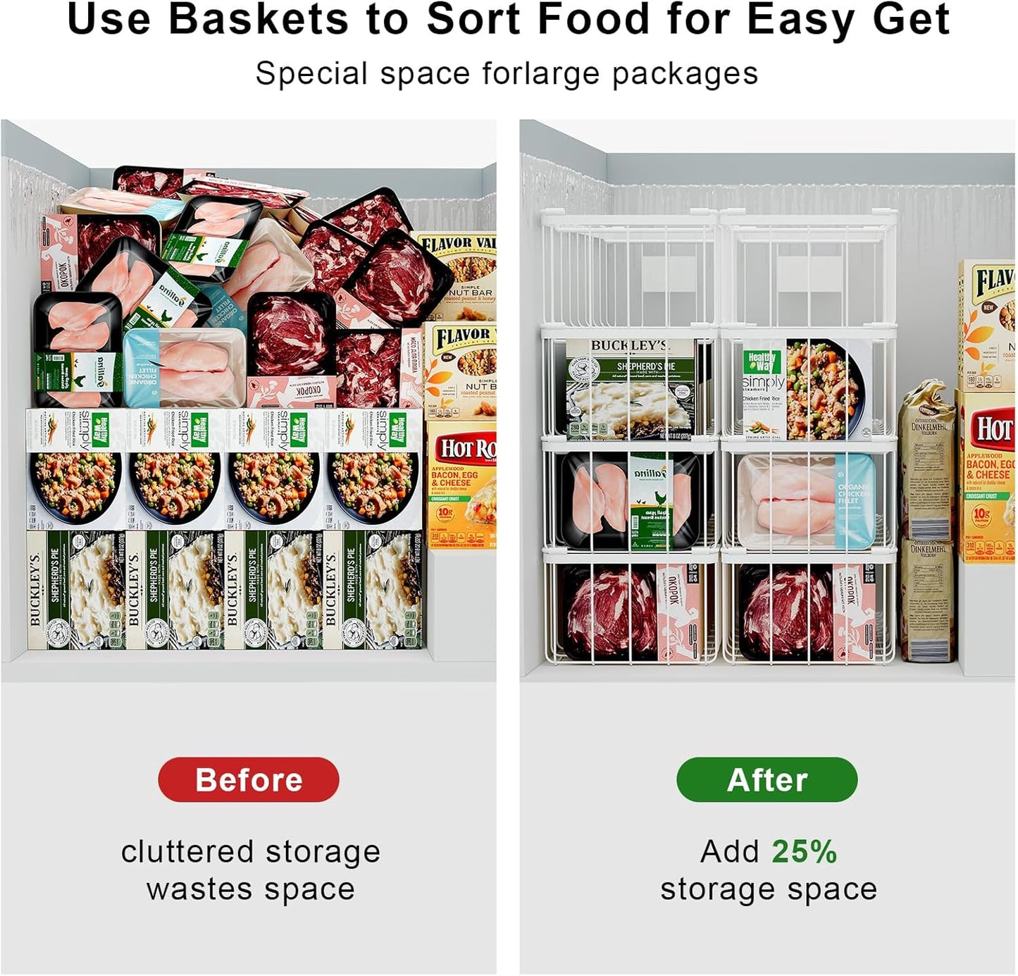 Freezer Storage Organize Baskets - 3 Pack Stackable Deep Freezer Organizer Bins for Most 7 Cu.FT Chest Freezer with Handles, Sturdy but Light, Metal Coated, Add Space, Easy to Reach