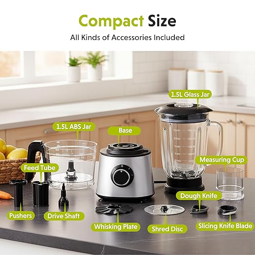 Simple Deluxe Food Processor Blender Combo, 300W Electric Kitchen Appliance with 1.5L Glass Jar, 6-Cup Chopper for Dough Meat Slicing Puree, Dual Speeds & Safety Lock, Black & Silver