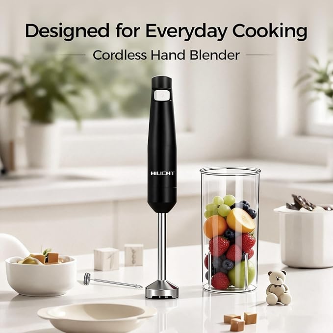 Cordless Hand Blender, 12V Rechargeable Immersion Blender with Brushless Motor, 60+ Bowls per Charge, 2-Blade, Auto Lock, Whisk & Frother for Soup, Smoothies, Baby Food